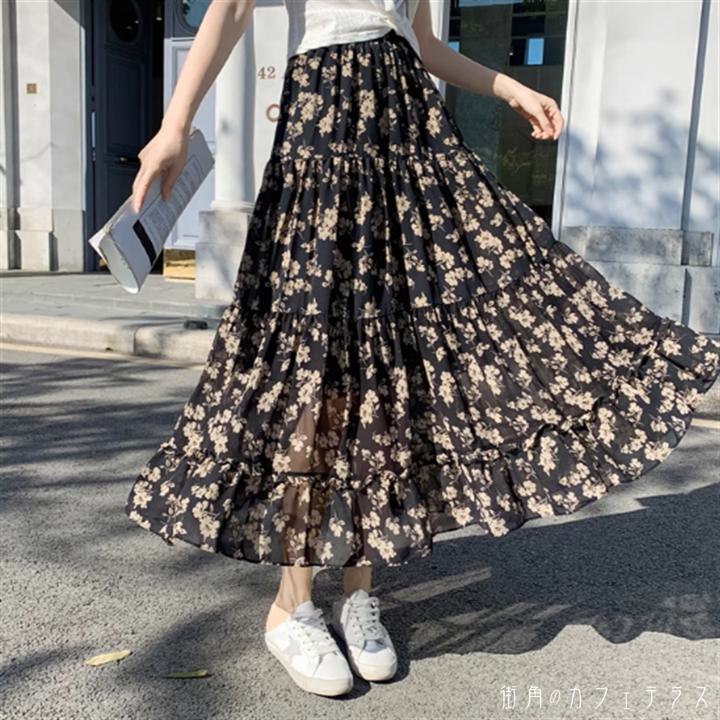 スカート 2色 ロングスカート Aライン フレア ロング マキシ フリル 透け感 シースルー 薄手生地 かわいい 大人可愛い 大人女子 こなれ感 シンプル カジュアル 大人 上品 おしゃれ お洒落 ラフ コンサバ フェミニン ガーリー 花柄 春 夏 20代 30代 40代 レディース 女性