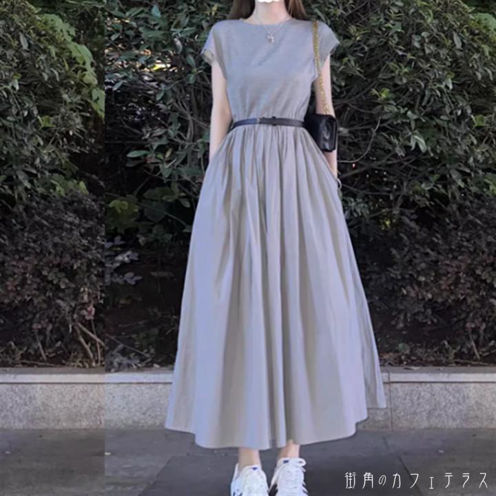 樂天商城 - ワンピース ロングワンピ マキシワンピ ロング マキシ 袖あり 半袖 Uネック クルーネック Aライン フレア 異素材切り替え ドッキング スウェット 薄手生地 可愛い 大人可愛い きれいめ シンプル カジュアル コンサバ 大人 おしゃれ お洒落 こなれ感 ラフ 無地 夏 20代 30代