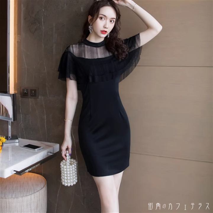 ドレス ミニドレス パーティドレス ミニ 袖あり 半袖 フレアスリーブ クルーネック Aライン フレア Iライン 透け感 シースルー 異素材ドッキング 薄手生地 エレガント 可愛い 大人可愛い きれいめ シンプル カジュアル シック コンサバ 華やか 大人 上品 おしゃれ お洒落