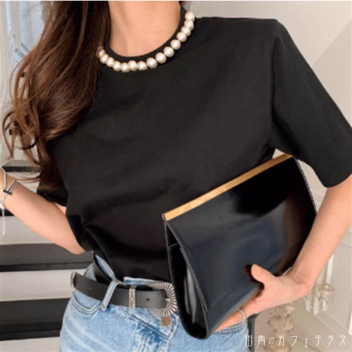 Other - トップス 2色 Tシャツ 袖あり 半袖 ラウンドネック Uネック プルオーバー Aライン フレア ロング丈 パール 装飾 薄手生地 かわいい 大人可愛い 大人女子 こなれ感 シンプル カジュアル 大人 上品 おしゃれ お洒落 ラフ コンサバ フェミニン ガーリー 無地 夏 20代 30代 40代