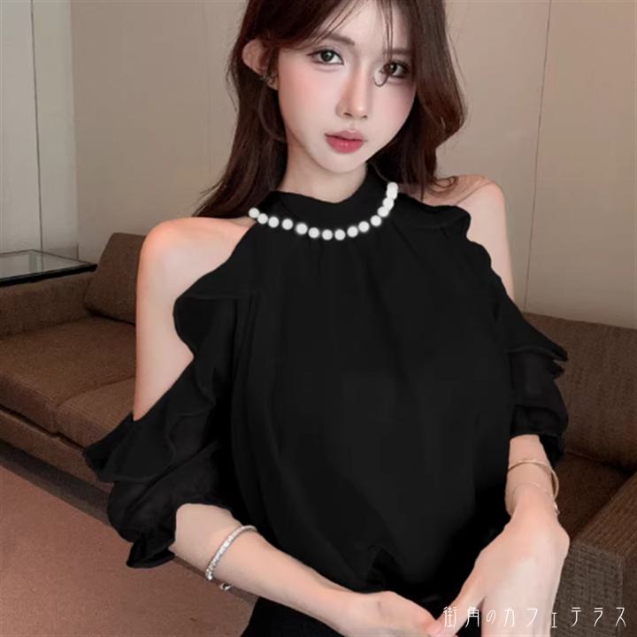 トップス 2色 ブラウス 袖あり 半袖 オフショルダー クルーネック プルオーバー Aライン フレア ロング丈 フリル ビジュー装飾 薄手生地 かわいい 大人可愛い 大人女子 こなれ感 シンプル カジュアル 大人 上品 おしゃれ お洒落 ラフ コンサバ エレガント フェミニン(4.0)