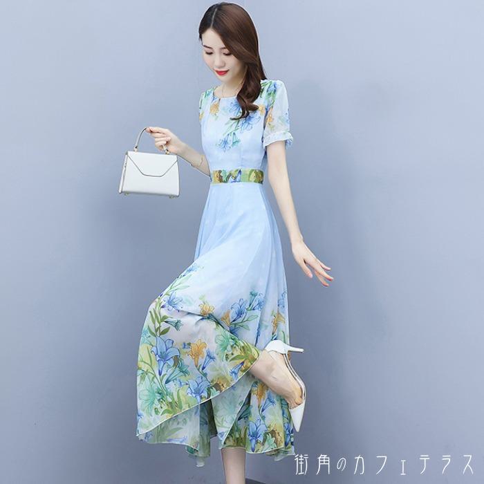 レディース ドレス パーティードレス ワンピース ロング丈 Aライン プリント フラワー グラデーション 華やか シンプル きれいめ 半袖 グリーン パープル 緑 紫 結婚式 2次会 お呼ばれ パーティー お食事会 ディナー ランチ お出かけ 春夏