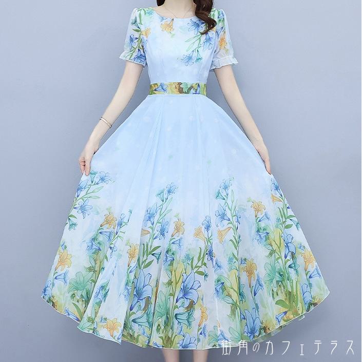 レディース ドレス パーティードレス ワンピース ロング丈 Aライン プリント フラワー グラデーション 華やか シンプル きれいめ 半袖 グリーン パープル 緑 紫 結婚式 2次会 お呼ばれ パーティー お食事会 ディナー ランチ お出かけ 春夏