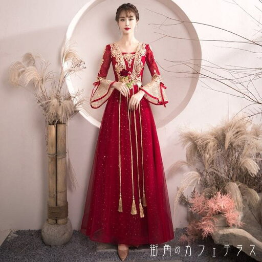 レディース ドレス パーティードレス ワンピース ロング丈 マキシ丈 Aライン チャイナ風 宮廷 プリンセス 華やか ベルスリーブ 半端袖 レッド 結婚式 2次会 パーティー ディナー ランチ お出かけ 春夏 レディース ドレス パーティードレス ワンピース ロング丈 マキシ丈 Aライン チャイナ風 宮廷 プリンセス 華やか ベルスリーブ 半端袖 レッド 結婚式 2次会 パーティー ディナー ランチ お出かけ 春夏