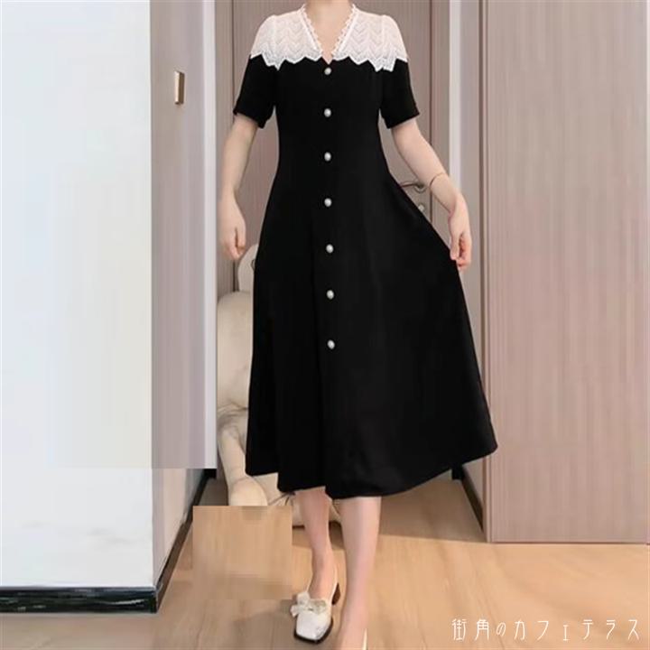 樂天商城 - ワンピース ロングワンピ ミモレ 袖あり 半袖 Vネック Aライン フレア レース 異素材切り替え ドッキング 透け感 シースルー 薄手生地 エレガント 可愛い 大人可愛い きれいめ シンプル カジュアル シック コンサバ 華やか 大人 上品 おしゃれ お洒落 主役級 こなれ感 高見え