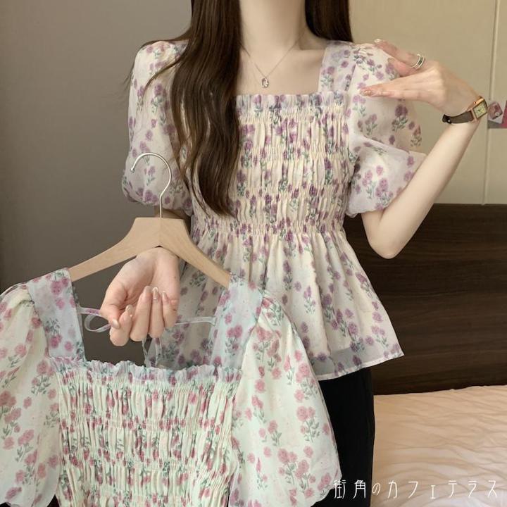 レディース トップス ブラウス スクエアネック ふんわり袖 バルーンスリーブ フラワー ボタニカル ナチュラル 大人かわいい シンプル こなれ感 半袖 パープル ピンク 紫 20代 30代 40代 通勤 通学 オフィス お出掛け 女子会 お呼ばれ 春夏
