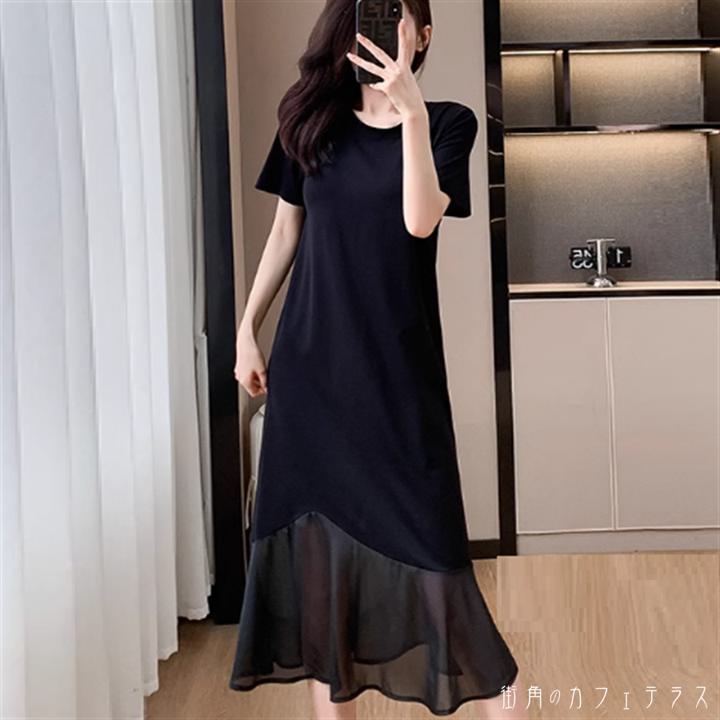 ワンピース ロングワンピ ロング マキシ 袖あり 半袖 クルーネック Aライン フレア 異素材切り替え ドッキング 透け感 シースルー 薄手生地 可愛い 大人可愛い きれいめ シンプル カジュアル シック コンサバ 華やか 大人 上品 おしゃれ お洒落 主役級 こなれ感 高見え 無地