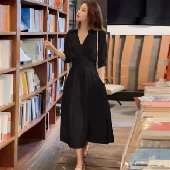 樂天商城 - ドレス ロングワンピ ロング ひざ丈 ミモレ 袖あり 半袖 Vネック Aライン フレア 薄手生地 伸縮性 エレガント 可愛い 大人可愛い きれいめ シンプル カジュアル シック コンサバ 華やか 大人 上品 おしゃれ お洒落 主役級 こなれ感 高見え 無地 夏 レディース 女性用 ママ
