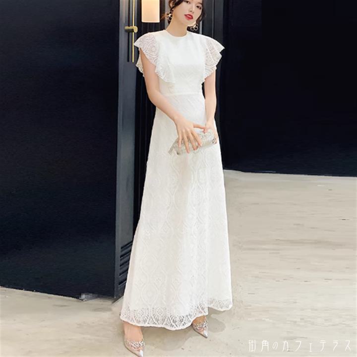 ドレス夏 ロングドレス 衣装 パーティドレス ロング マキシ 袖あり フレア袖 フレアスリーブ 半袖 クルーネック Aライン フレア レース 異素材切り替え ドッキング 透け感 シースルー 薄手生地 エレガント 可愛い 大人可愛い きれいめ シンプル カジュアル シック コンサバ