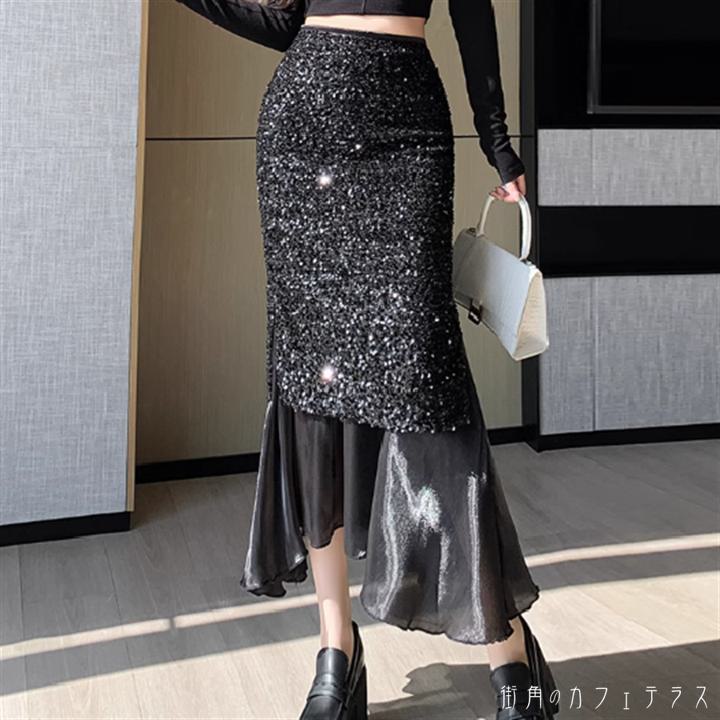 樂天商城 - スカート 2色 ロングスカート アシンメトリー マーメイドスカート ロング マキシ丈 フレア Aライン シンプル 透け感 シースルー 異素材ドッキング ドッキング キラキラ グリッター スパンコール 薄手 かわいい 大人可愛い きれいめ カジュアル 大人 上品 おしゃれ お洒落