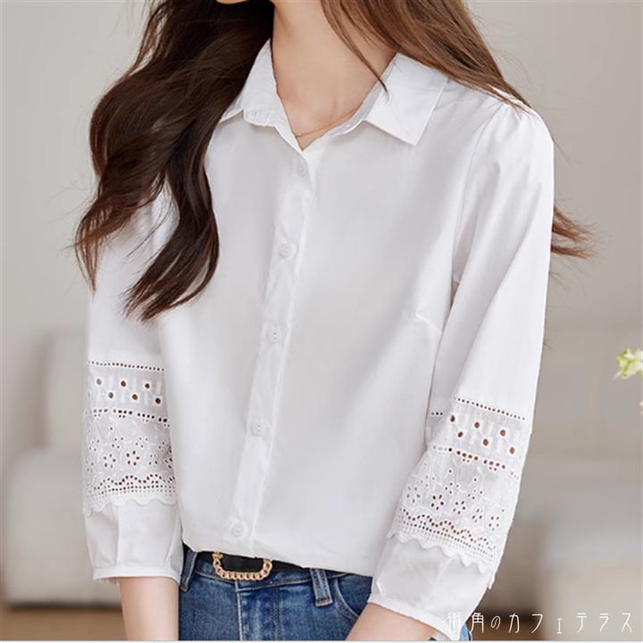 Short Sleeves - トップス ブラウス 袖あり 半袖 七分丈袖 Vネック Aライン フレア 異素材切り替え ドッキング 透け感 かわいい 大人可愛い 大人女子 こなれ感 シンプル カジュアル 大人 上品 おしゃれ お洒落 ラフ コンサバ ガーリー 無地 夏 20代 30代 40代 女性用 レディース ママ デート