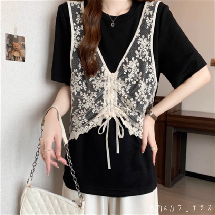 樂天商城 - トップス 2色 Tシャツ ビスチェ ロング丈 袖あり 半袖 クルーネック Uネック Aライン フレア プルオーバー 異素材切り替え ドッキング 透け感 シースルー 薄手生地 かわいい 大人可愛い 大人女子 こなれ感 シンプル カジュアル 大人 上品 おしゃれ お洒落 ラフ コンサバ