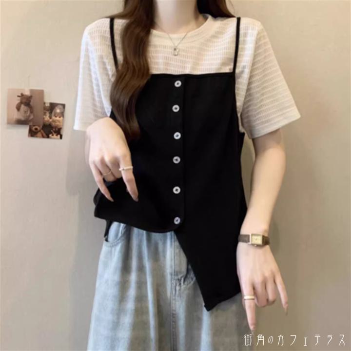 樂天商城 - トップス Tシャツ キャミソール風 ロング丈 袖あり 半袖 クルーネック Uネック Aライン フレア プルオーバー バイカラー 異素材切り替え ドッキング ボタン 薄手生地 かわいい 大人可愛い 大人女子 こなれ感 シンプル カジュアル 大人 上品 おしゃれ お洒落 ラフ コンサバ