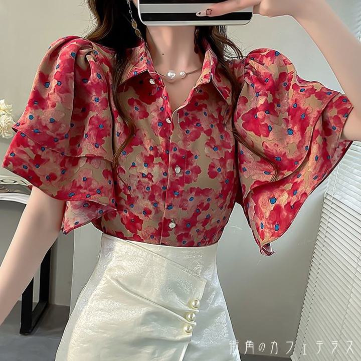 樂天商城 - レディース トップス ブラウス ふんわり袖 ベルスリーブ キュート 大人かわいい シンプル 抜け感 こなれ感 きれいめ プリント 華やか 上品 二の腕カバー 体型カバー 半袖 レッド 赤 20代 30代 40代 通勤 通学 オフィス お出掛け 女子会 お呼ばれ 春夏