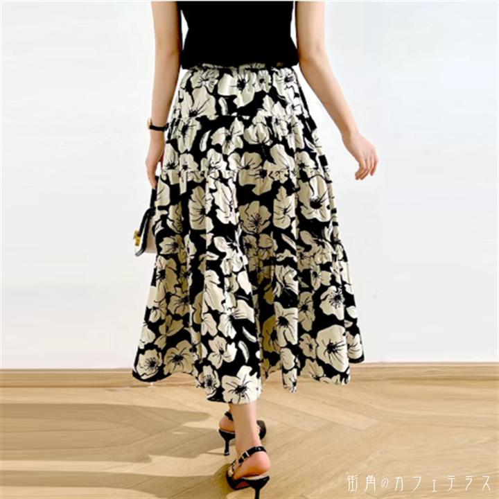 スカート ロングスカート ロング マキシ丈 フレア Aライン 伸縮性 ウエストゴム 縫い目 ステッチ かわいい 大人可愛い きれいめ カジュアル 大人 上品 おしゃれ お洒落 レトロ こなれ感 コンサバ系 ラフ 抜け感 レディライク ガーリー フェミニン 花柄 夏 誕生日会 20代 30代