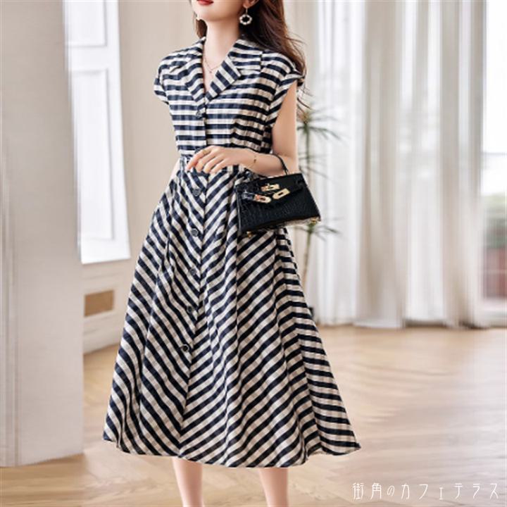 One-piece dress, long dress, short sleeves, V-neck, collared, A-line, flared, belt, buttons, lightweight fabric, elegant, cute, mature, chic, simple, casual, chic, conservative, glamorous, sophisticated, stylish, fashionable, statement piece, sophisticated, high-end look, luxurious, striped, summer, women's.