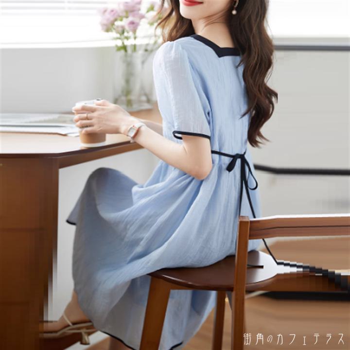 樂天商城 - ワンピース ロングワンピ ロング ひざ丈 半袖 ラウンドネック Aライン フレア バイカラー リボン 薄手生地 通気性 エレガント 可愛い 大人可愛い きれいめ シンプル カジュアル コンサバ 華やか 大人 上品 おしゃれ お洒落 レトロ 主役級 こなれ感 高見え フェミニン 無地 夏