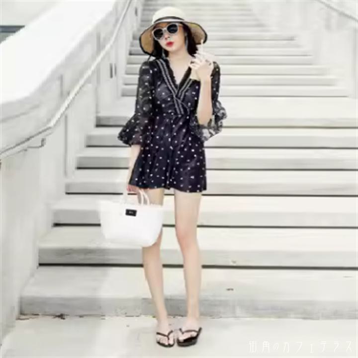 水着 ビキニ ワンピース スイムウェア モノキニ 日焼け防止 UVカット 紫外線対策 Vネック 長袖 Aライン フレア フリル 透け感 シースルー かわいい 大人可愛い シンプル カジュアル ナチュラル 華やか 大人 大人っぽい おしゃれ 主役級 女っぽ フェミニン ガーリー ハート柄