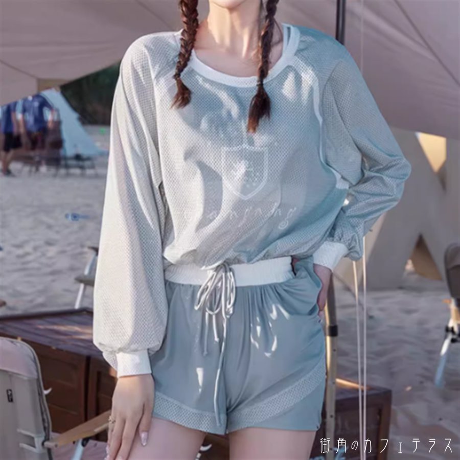 水着 ビキニ 2色 色 スイムウェア ラッシュガード 日焼け防止 UVカット 紫外線対策 羽織り アウター 上下セット 3点セット Uネック 長袖 Aライン フレア ショートパンツ バイカラー かわいい 大人可愛い きれいめ シンプル カジュアル ナチュラル 華やか 大人 大人っぽい