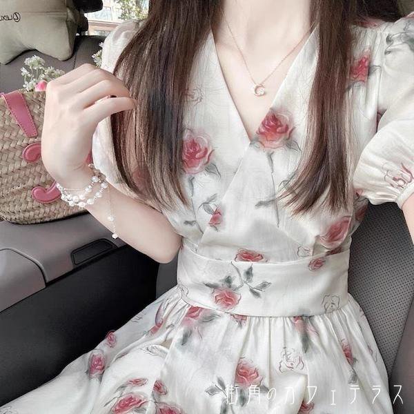 樂天商城 - レディース ワンピース カシュクール風 アシンメトリー ふんわり袖 Aライン ミドル丈 ミディアム丈 プリント フラワー 大人かわい シンプル きれいめ レトロ フェミニン 半袖 アイボリー 20代 30代 40代 通勤 通学 お出掛け 女子会 お呼ばれ 春夏