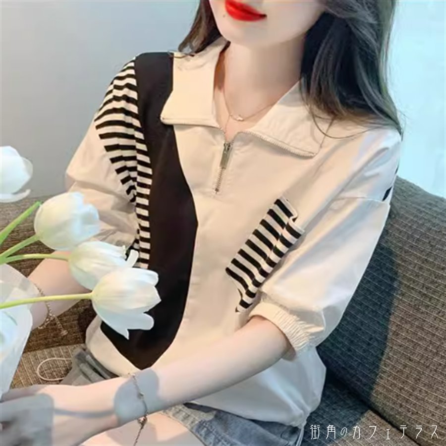 トップス Tシャツ ポロシャツ ロング丈 半袖 Vネック Aライン フレア プルオーバー バイカラー 薄手生地 かわいい 大人可愛い 大人女子 こなれ感 シンプル カジュアル 大人 上品 おしゃれ お洒落 ラフ コンサバ ガーリー ヘルシー しましま ボーダー 夏 20代 30代 40代