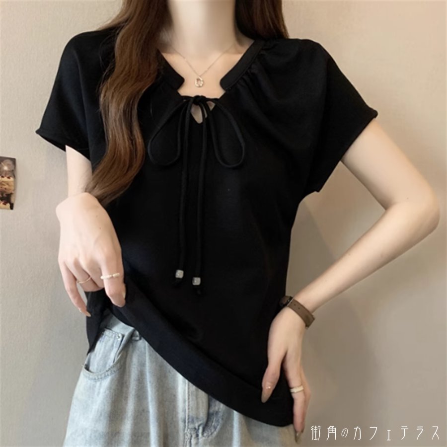 樂天商城 - トップス 2色 ブラウス ロング丈 半袖 Vネック Aライン フレア プルオーバー リボン 薄手生地 かわいい 大人可愛い 大人女子 こなれ感 シンプル カジュアル 大人 おしゃれ お洒落 ラフ コンサバ ガーリー ヘルシー 無地 夏 20代 30代 40代 女性用 レディース デート お出かけ