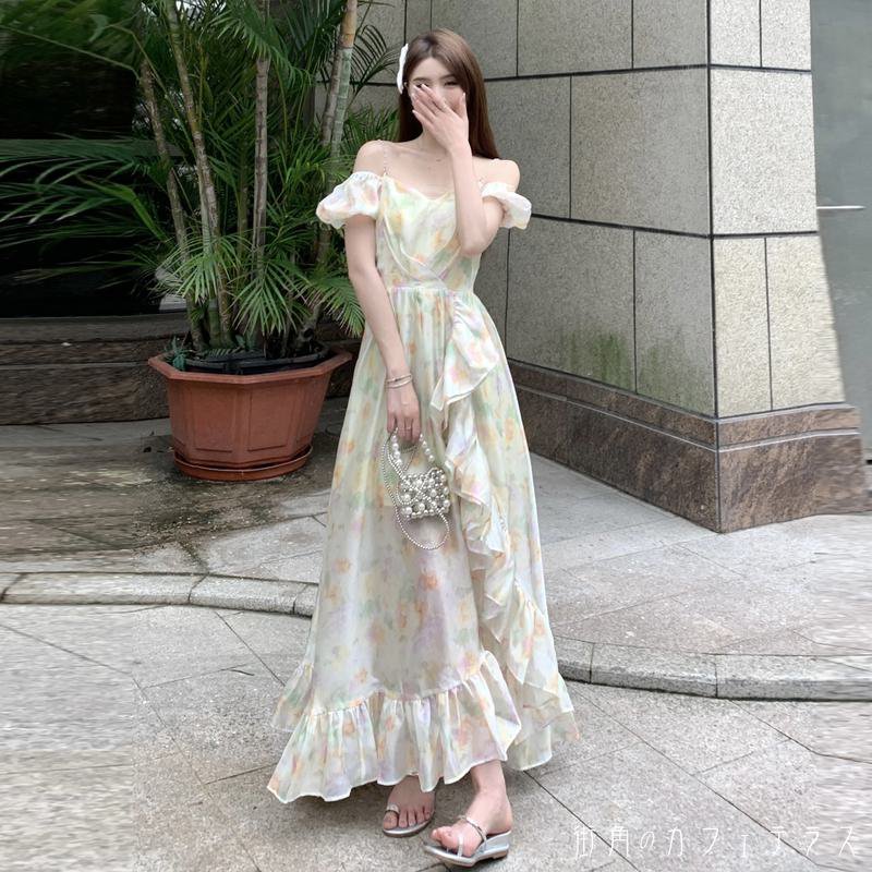レディース ドレス パーティードレス ワンピース フリル Aライン ロング丈 マキシ丈 オフショルダー アシンメトリー ナチュラル きれいめ 大人かわいい こなれ感 半袖 ノースリーブ アイボリー プリント 結婚式 2次会 お呼ばれ パーティー お食事会 ディナー ランチ
