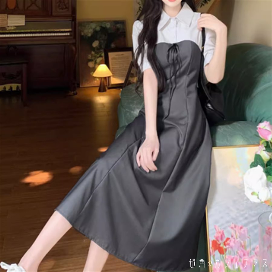 樂天商城 - ワンピース ロングワンピ ロング ミモレ 半袖 Vネック Aライン フレア ボタン 異素材切り替え ドッキング 薄手生地 エレガント 可愛い 大人可愛い きれいめ シンプル カジュアル シック コンサバ 華やか 大人 上品 おしゃれ お洒落 主役級 こなれ感 高見え 高級感 無地 夏