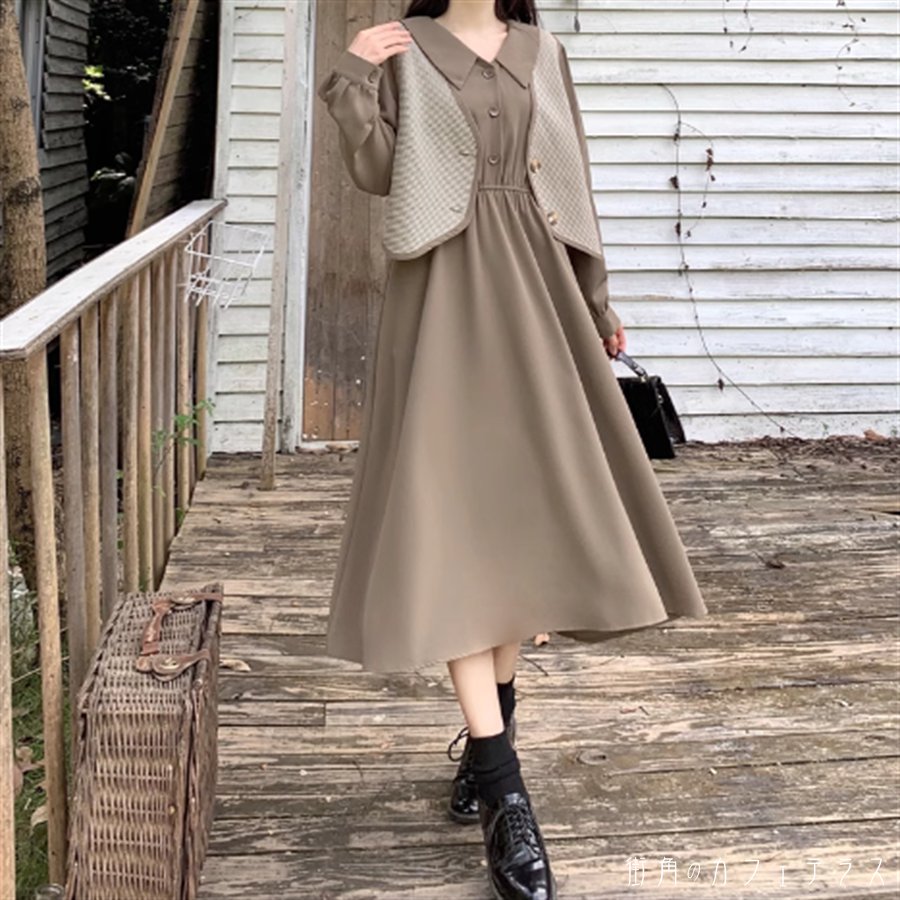 ワンピース ベスト 2色 2点セット ロング ミモレ 長袖 Vネック Aライン フレア ボタン 可愛い 大人可愛い きれいめ シンプル カジュアル シック コンサバ 華やか 大人 上品 おしゃれ お洒落 レトロ こなれ感 高見え 高級感 重ね着 レイヤード 無地 春 秋 オールシーズン