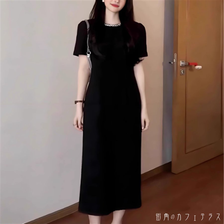 樂天商城 - ドレスデート ロングドレス ワンピース 衣装 パーティドレス ロング ミモレ 半袖 Uネック ラウンドネック Iライン ビジュー装飾 薄手生地 エレガント 可愛い 大人可愛い きれいめ シンプル カジュアル シック コンサバ 華やか 大人 上品 おしゃれ お洒落 主役級 こなれ感