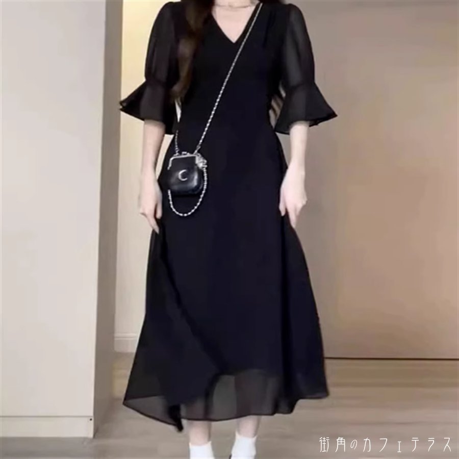 Other - ドレスデート 2色 色 ロングドレス パーティドレス ロング マキシ フリル 半袖 Vネック Aライン フレア 透け感 シースルー 薄手生地 エレガント 可愛い 大人可愛い きれいめ シンプル カジュアル シック コンサバ 華やか 大人 上品 おしゃれ お洒落 主役級 こなれ感 高見え