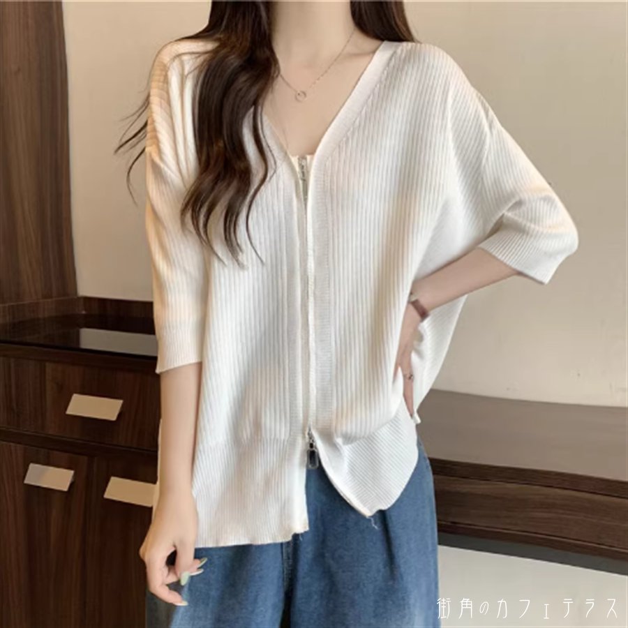 トップス 2色 セーター ロング丈 大きい ゆったり ゆる オーバーサイズ プラスサイズ 半袖 Vネック Aラ..