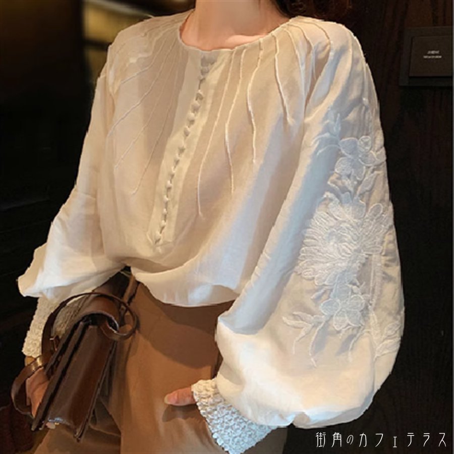 樂天商城 - トップス ブラウス ロング丈 長袖 ランタンスリーブ Aライン フレア プルオーバー 刺繍 透け感 薄手生地 かわいい 大人可愛い 大人女子 こなれ感 シンプル カジュアル 大人 上品 おしゃれ お洒落 ラフ コンサバ フェミニン ガーリー 花柄 夏 20代 30代 40代 女性用