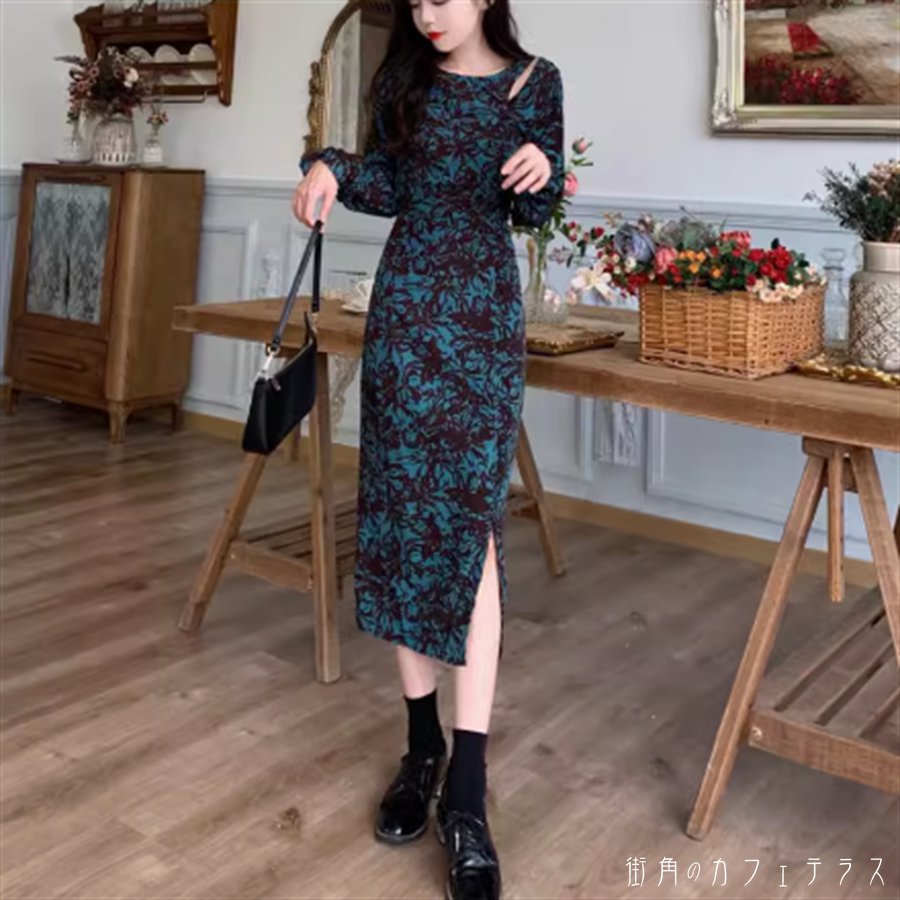 ワンピース ロングワンピ ロング ひざ丈 ミモレ 長袖 ハイネック Aライン フレア 薄手生地 可愛い 大人可愛い きれいめ シンプル カジュアル シック コンサバ 華やか 大人 上品 おしゃれ お洒落 主役級 こなれ感 高見え 高級感 花柄 夏 レディース 女性用 ママ 20代 30代