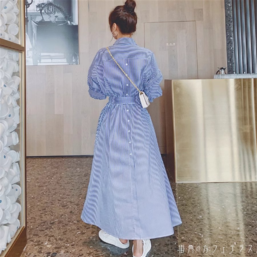 ワンピース ロングワンピ ロング マキシ 長袖 Aライン フレア 薄手生地 エレガント 可愛い 大人可愛い きれいめ シンプル カジュアル シック コンサバ 華やか 大人 上品 おしゃれ お洒落 主役級 こなれ感 高見え ストライプ柄 ボーダー しましま 春 夏 秋 冬 オールシーズン シーズンレス レディース 女性用 ママ 20代 30代 40代 デート お出かけ 女子会 お呼ばれ 休日 お茶会 授業参観 着回し 普段使い ファッション コーデ スタイル 楽ちん 体型カバー 定番 プチプラLINE友だち登録はコチラから &gt&gtボーダー柄のマキシワンピ♪バックボタンが特徴的なデザインです。【カラー】ブルー【サイズ】S　M　L　XLサイズ：（cm） S：肩幅66 /バスト124 /袖46 /着丈121 M：肩幅67 /バスト128 /袖47 /着丈122 L：肩幅68 /バスト132 /袖48 /着丈123 XL：肩幅69 /バスト136 /袖49 /着丈124【商品について】・お手持ちのパソコン・スマホの画面により商品のお色に若干の差がございます。・サイズは買付け先の生産表記ですが測り方により1-3cmほど誤差がある場合がございます。・ノーブランド商品はタグや洗濯表示がないものもあります。【納期について】・2週間-3週間【返品について】・サイズ交換、お色交換などの返品、交換は行っておりませんのでサイズは十分にお確かめの上、ご購入をお願いいたします。・海外製品は日本のものに比べて縫製が粗い場合がございます。糸の始末が悪い、ファスナーが上がりにくい、ボタンのつけ方が甘いということは海外基準では返品対象となりませんのでご理解お願いいたします。【商品コード】 OP-1372