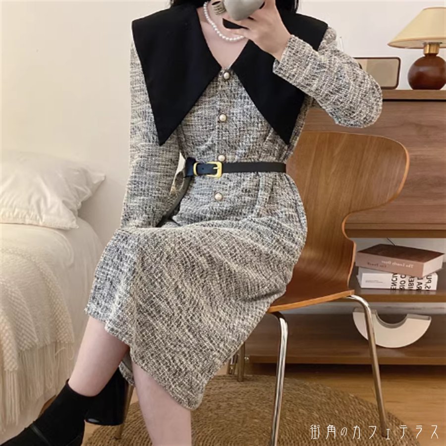 樂天商城 - ワンピース ロングワンピ ロング ミモレ 長袖 Vネック 襟付き Aライン フレア 厚手生地 エレガント 可愛い 大人可愛い きれいめ シンプル カジュアル シック コンサバ 華やか 大人 上品 おしゃれ お洒落 レトロ 主役級 こなれ感 高見え 高級感 フェミニン 無地 秋 冬