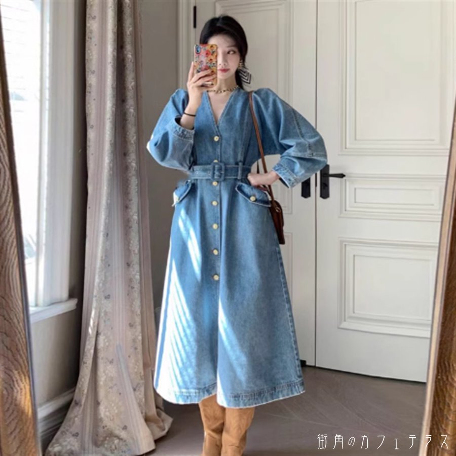 樂天商城 - ワンピース ロングワンピ ロング ミモレ 長袖 Vネック Aライン フレア ポケット ベルト デニム エレガント 可愛い 大人可愛い きれいめ シンプル カジュアル シック コンサバ 華やか 大人 上品 おしゃれ お洒落 主役級 こなれ感 高見え 無地 春 秋 レディース 女性用 ママ