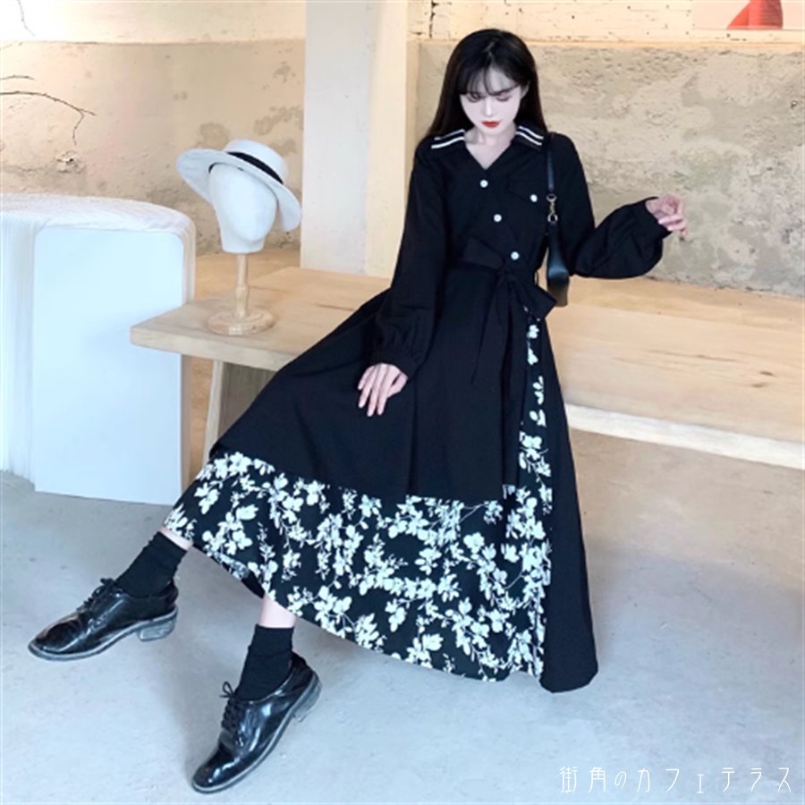 樂天商城 - ワンピース ロングワンピ ロング マキシ 長袖 Vネック Aライン フレア 重ね着 リボン 薄手生地 エレガント 可愛い 大人可愛い きれいめ シンプル カジュアル シック コンサバ 華やか 大人 上品 おしゃれ お洒落 主役級 こなれ感 高見え 高級感 レイヤード 春 秋 レディース