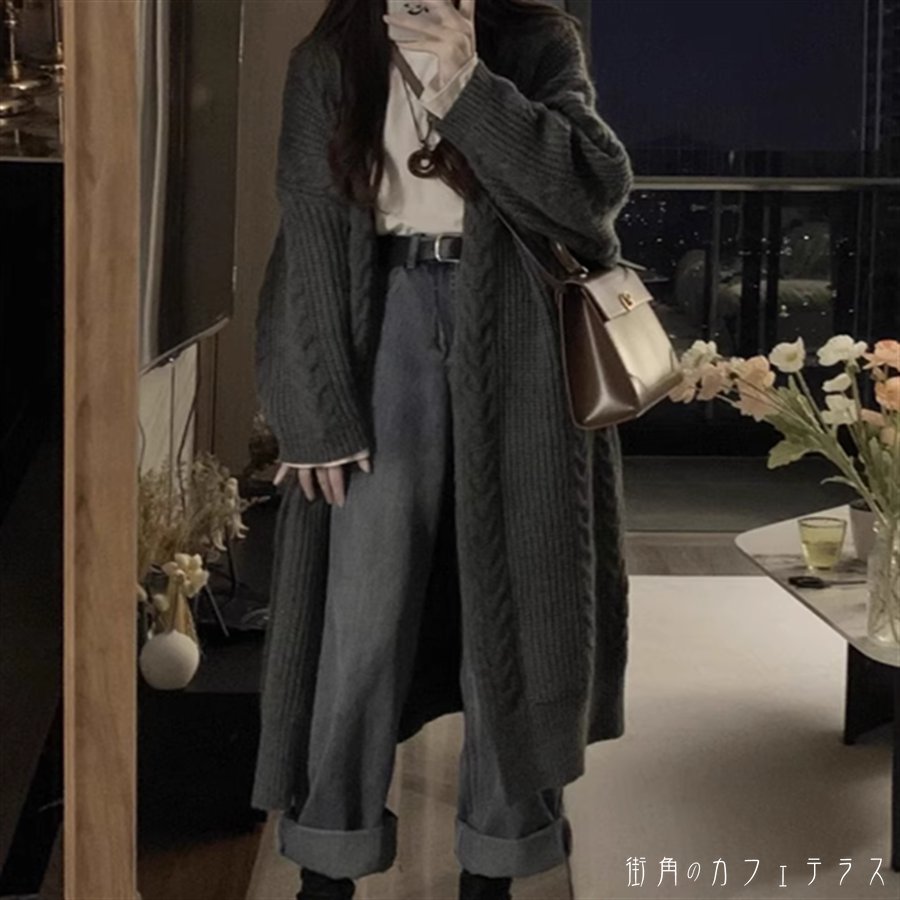 樂天商城 - アウター 羽織り カーディガン ロングカーディガン ミモレ丈 長袖 Vネック フレア Aライン 厚手生地 ニット かわいい 大人可愛い 綺麗 かぎ編み シンプル カジュアル 大人 上品 おしゃれ お洒落 大人女子 こなれ感 コンサバ 定番アイテム 体型カバー 無地 秋 冬 女性