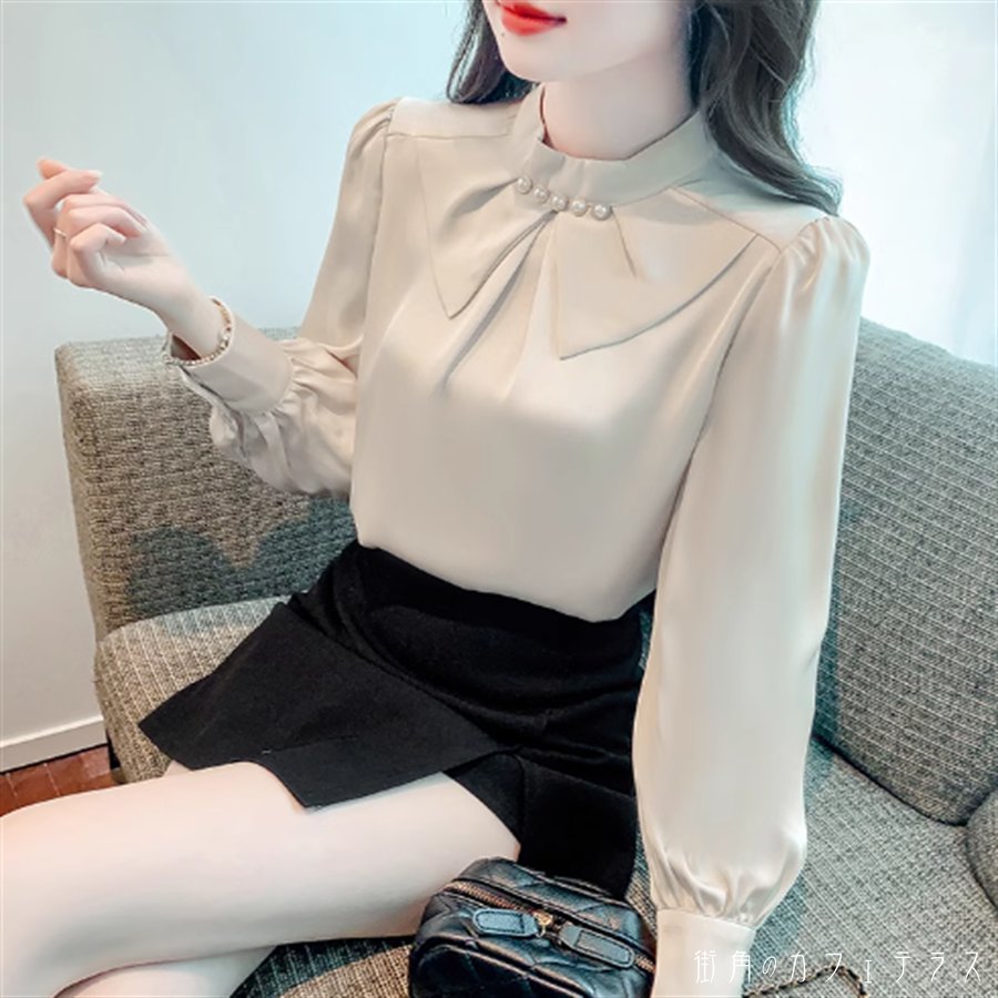 トップス ブラウス デコラティブ 長袖 ハイネック Aライン フレア プルオーバー パール装飾 薄手生地 かわいい 大人可愛い 大人女子 こなれ感 シンプル カジュアル 大人 上品 おしゃれ お洒落 コンサバ エレガント フェミニン ガーリー 無地 春 秋 20代 30代 40代 女性用