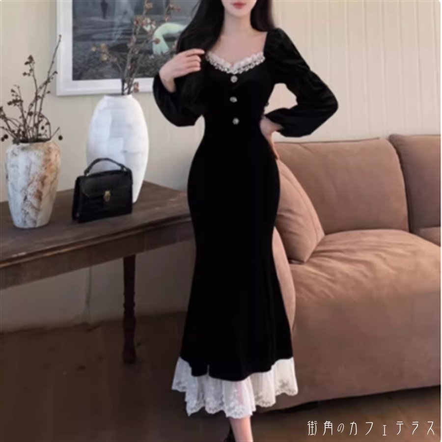 樂天商城 - ドレスデート ロングドレス ワンピース 衣装 パーティドレス マーメイド ロング マキシ 長袖 ラウンドネック Aライン フレア レース 異素材切り替え ドッキング ビジュー装飾 エレガント 可愛い 大人可愛い きれいめ シンプル カジュアル シック コンサバ 華やか 大人 上品