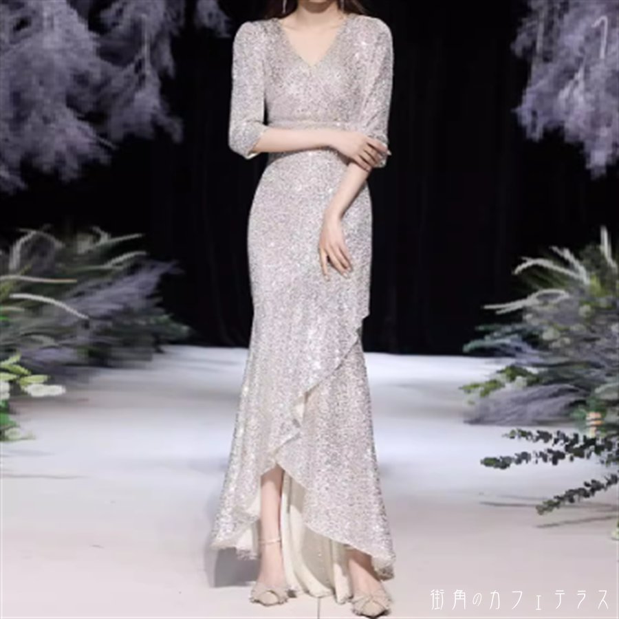 樂天商城 - ドレスデート 4色 ロングドレス ワンピース 衣装 パーティドレス カラードレス マーメイド ロング マキシ 長袖 七分袖 Vネック Aライン フレア エレガント 可愛い 大人可愛い きれいめ シンプル カジュアル シック コンサバ 華やか 大人 上品 おしゃれ お洒落 主役級