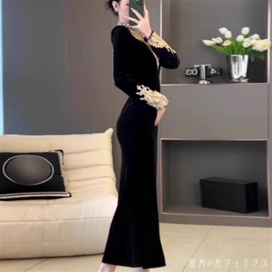 ベロアドレス ロングドレス ワンピース 衣装 パーティドレス ペンシルスカート ロング マキシ 長袖 ハイネック Aライン フレア Iライン レース エレガント 可愛い 大人可愛い きれいめ シンプル カジュアル シック コンサバ 華やか 大人 上品 おしゃれ お洒落 主役級