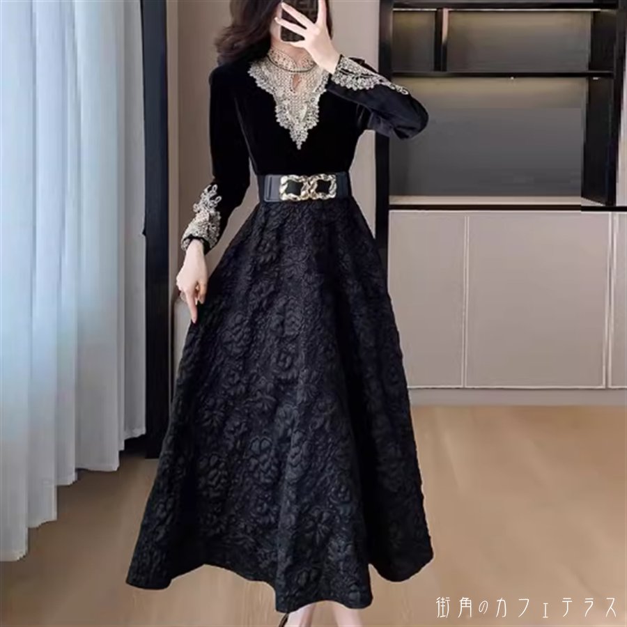 樂天商城 - ドレス ロングドレス ワンピース 衣装 パーティドレス ロング ミモレ 長袖 ハイネック Aライン フレア レース 異素材切り替え ドッキング 厚手生地 エレガント 可愛い 大人可愛い きれいめ シンプル カジュアル シック コンサバ 華やか 大人 上品 おしゃれ お洒落 主役級