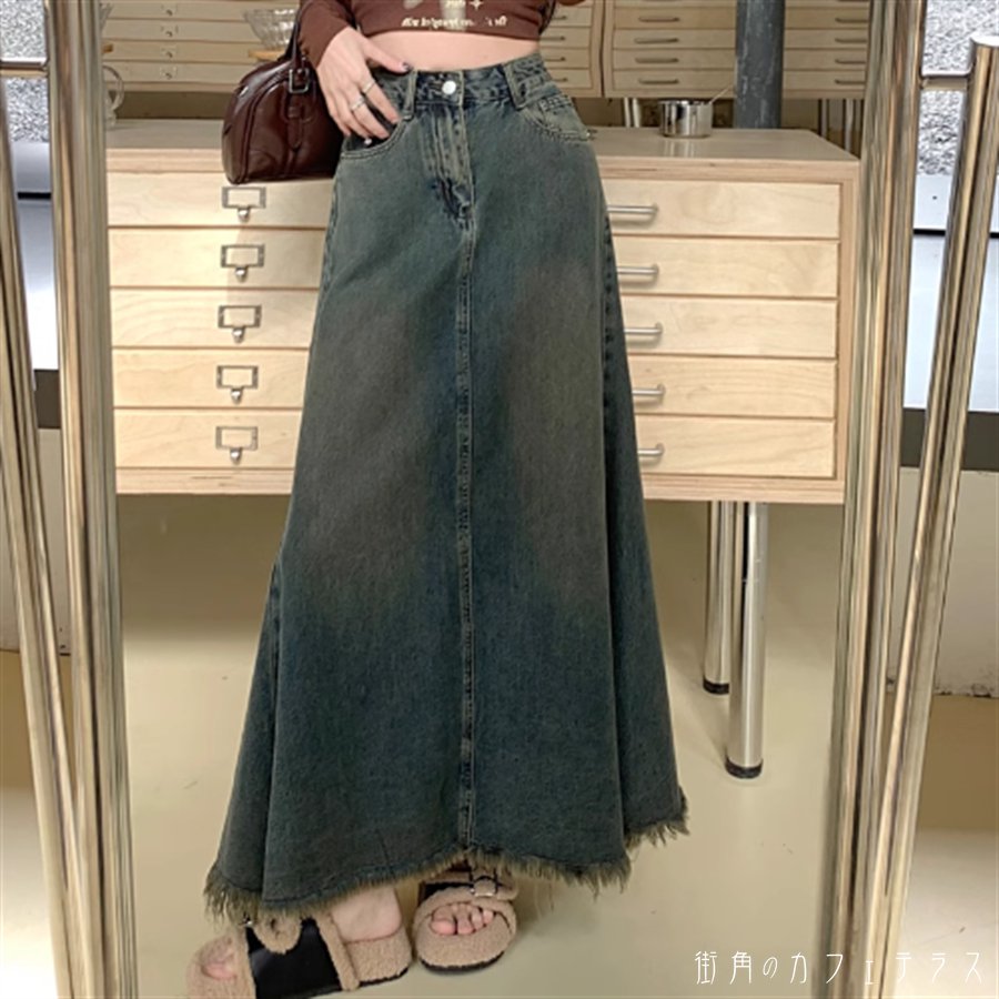 樂天商城 - スカート 2色 ロングスカート ロング マキシ丈 フレア Aライン デニム フリンジ かわいい 大人可愛い きれいめ シンプル カジュアル 大人 おしゃれ お洒落 レトロ こなれ感 コンサバ系 ラフ 抜け感 ガーリー 無地 秋 冬 誕生日会 20代 30代 40代 レディース 女性用 ママ服