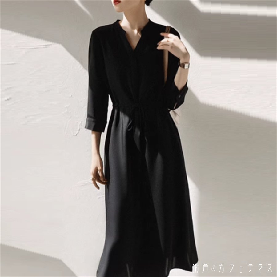 樂天商城 - ワンピース ロングワンピ 2色 ロング ひざ丈 ミモレ 長袖 七分袖 Vネック Aライン フレア 薄手生地 エレガント 可愛い 大人可愛い きれいめ シンプル カジュアル シック コンサバ 華やか 大人 上品 おしゃれ お洒落 主役級 こなれ感 高見え 無地 春 夏 秋 レディース 女性用