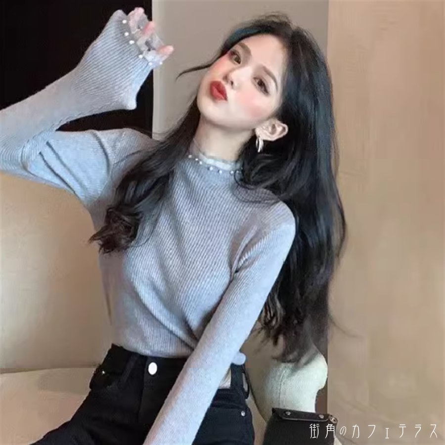 Turtleneck - セーター トップス 4色 大人カラー モノトーン 秋カラー カラバリ ホワイト ブラック グレー ピンク カーキ 長袖 萌え袖 ハイネック Aライン フレア プルオーバー パール装飾 フリル ニット 厚手生地 伸縮性 かわいい 大人可愛い 大人女子 こなれ感 シンプル カジュアル 大人