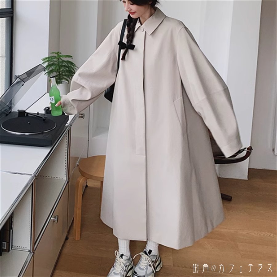 トレンチコート チェスターコート アウター 羽織り ロング マキシ丈 長袖 ランタンスリーブ Vネック 襟付き フレア Aライン ボタン ポケット ニュアンスカラー ヌーディーカラ- 秋カラー くすみカラー 薄手生地 かわいい 大人可愛い 綺麗 シンプル カジュアル 大人 上品