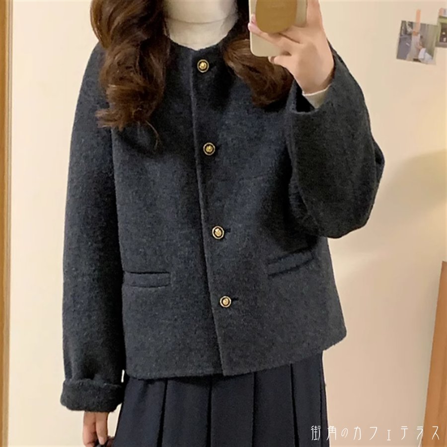 Wool - ノーカラージャケット アウター 羽織り ショート 長袖 Uネック フレア Aライン ボタン 暖かい 厚手生地 かわいい 大人可愛い 綺麗 シンプル カジュアル 大人 上品 おしゃれ お洒落 大人女子 こなれ感 エレガント コンサバ 定番アイテム 無地 冬 女性 レディース ママ 20代