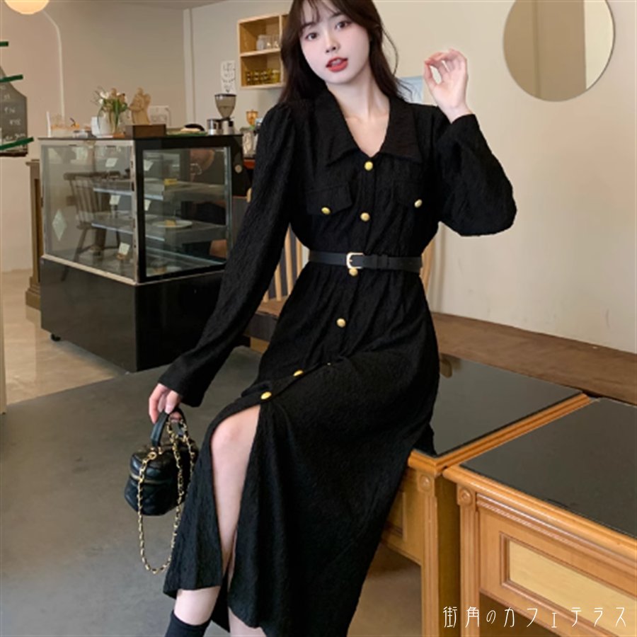 樂天商城 - ロングワンピ ミモレ丈 長袖 Vネック 襟付き Aライン フレア ボタン スリット 薄手生地 エレガント 可愛い 大人可愛い きれいめ シンプル カジュアル シック コンサバ 華やか 大人 上品 おしゃれ お洒落 主役級 こなれ感 高見え 高級感 春 秋 レディース 女性用 ママ 20代